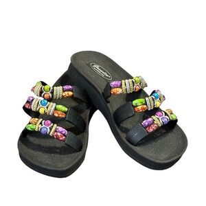 Grandco Beaded Black Flip Flop Sandals 6 Multicolored Beads